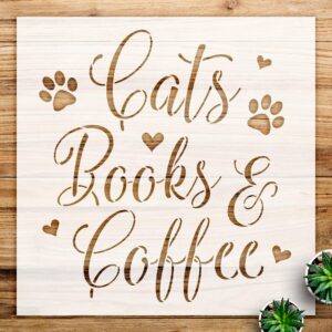 Cats Books Coffee Stencil Pattern for Walls and Crafts, Reusable Mylar Template with paw Prints and Hearts, Ideal for pet Lovers Home Decor and DIY Projects - Size A2 ()