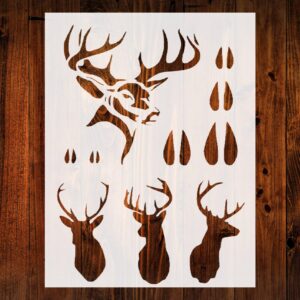 Hunting Buck Head & Tracks Rack Deer Stencil, Reusable & Sturdy, , Custom Wildlife Art Template