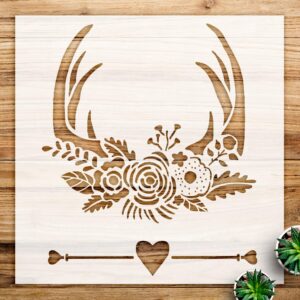 Deer Antlers Stencil Pattern with Flowers for Walls and Crafts, Reusable Mylar Template, Ideal for Rustic Bohemian Wedding Decor and DIY Projects - Size A3 ()