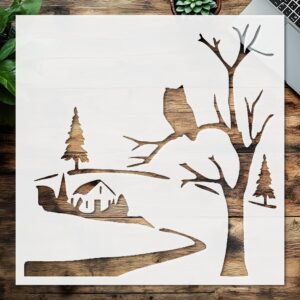 Stencil Village owl, Plastic Reusable, Reusable Plastic, L x W, for DIY Crafts and Home Decor