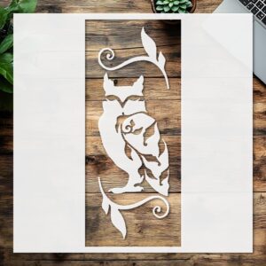 Owl on Branch Stencil – Reusable Vertical Wildlife Template with Swirl Leaf Design for Painting, DIY Crafts, Rustic Wall Art, Journals – Stencil Sheet