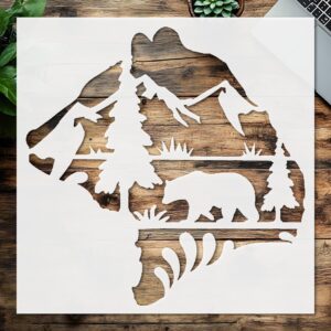 Stencil Bear Scene Mountains Forest Nature, Plastic Reusable, Reusable Plastic, L x W, for DIY Crafts and Home Decor