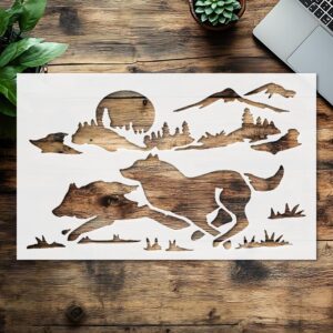Stencil Wolves Moon Forest The Mountains Grass, Plastic Reusable, Reusable Plastic, L x W, for DIY Crafts and Home Decor