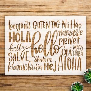 Hello Stencil Pattern for Home Decor and Crafts, Multi-Language Design for Wood Signs and Wall Art, Ideal for DIY Projects and Farmhouse Style - Size A2 ()