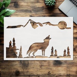 Stencil Wolf Moon Mountains Forest, Plastic Reusable, Reusable Plastic, L x W, for DIY Crafts and Home Decor