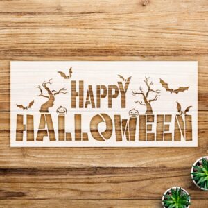 Happy Halloween Stencil Pattern for Walls and Crafts, Reusable Mylar Template with Jack-o'-Lanterns, Trees, and Flying Bats for Spooky Home Decor and DIY Projects - Size A1 ()