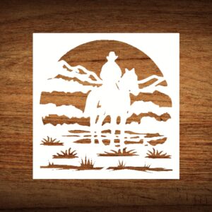 Cowboy on Horse Stencil – Reusable Western Landscape Template with Mountains, Sunset & Prairie Scene – DIY Craft Stencil for Rustic Wall Art & Country Decor