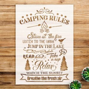 Camping Rules Stencil for Wood and Outdoor Decor, Reusable Mylar Template, Ideal for DIY Camper and Cabin Craft Projects - Size A2 ()